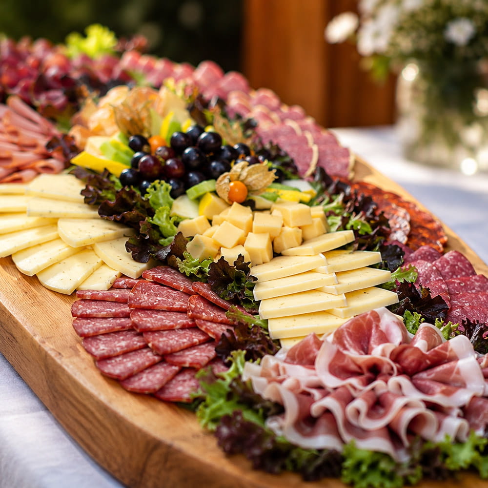 Große Holzplatte mit Salami, Schinken, Wurst und Käse, garniert mit Salat und Weintrauben