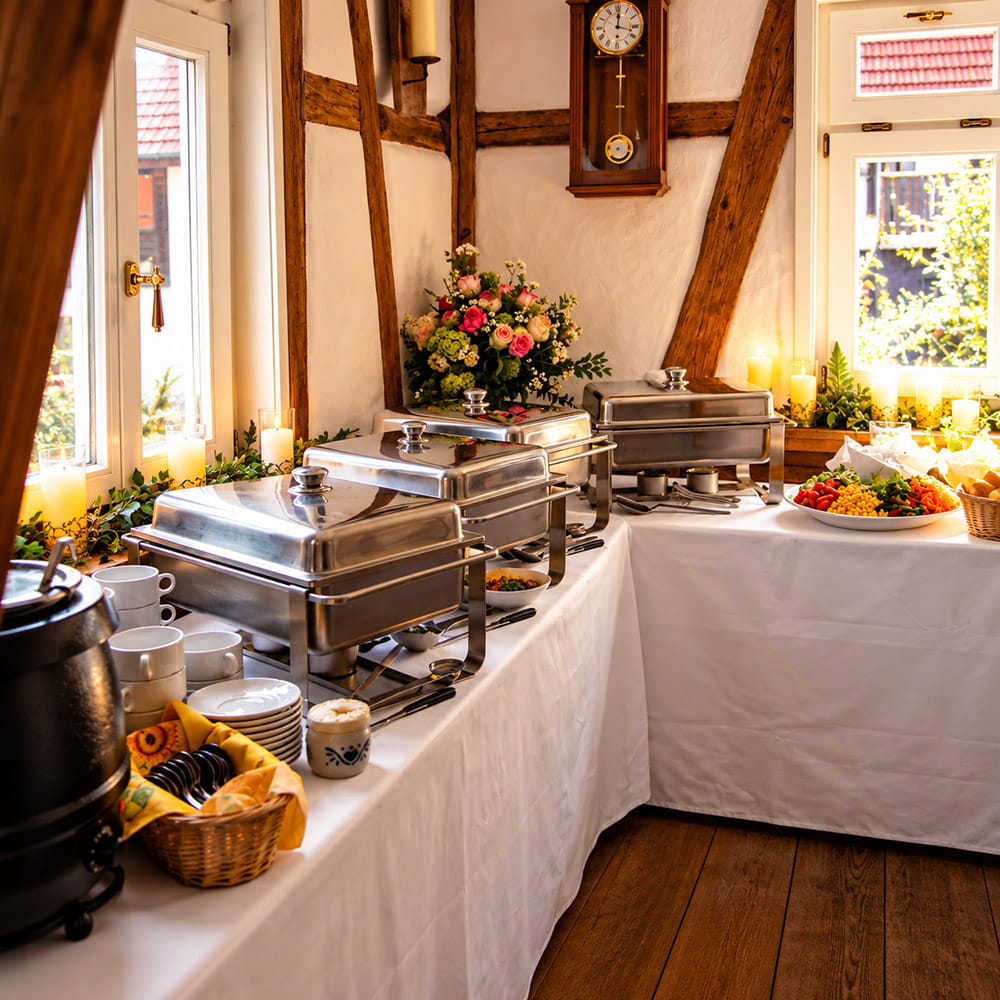Festlich gedeckter Buffettisch mit Warmhaltebehältern und Blumenschmuck in einem Raum mit Fachwerk