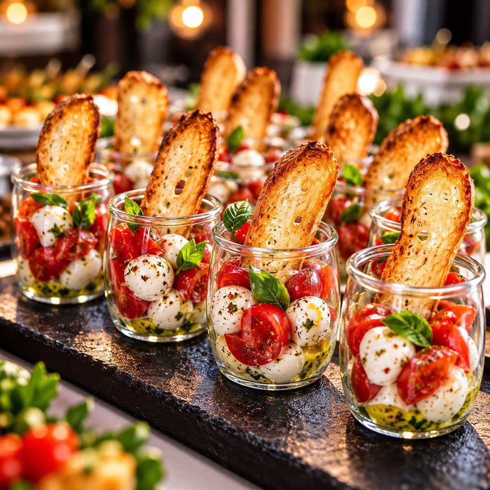 Tomate-Mozzarella mit Basilikum im Glas, jeweils mit einer gerösteten Brotscheibe