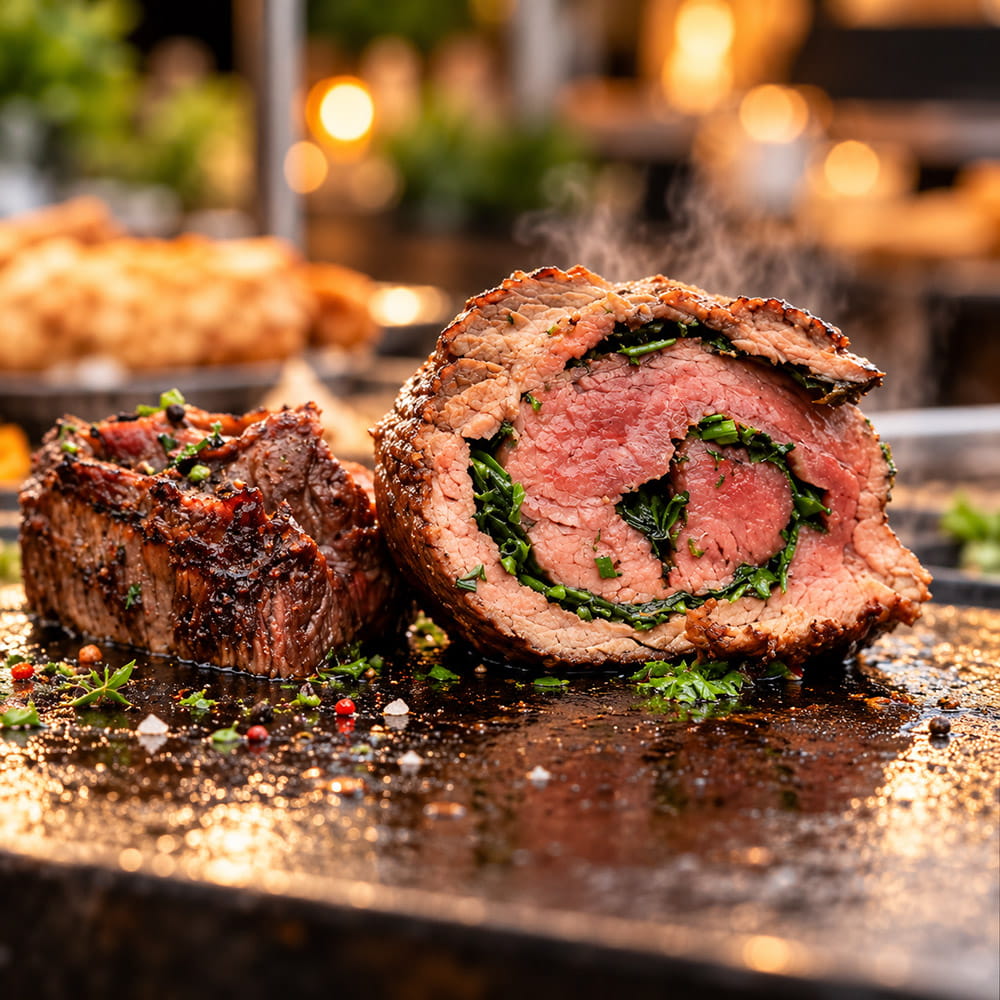 Angeschnittener Rinderrollbraten mit grüner Kräuterfüllung