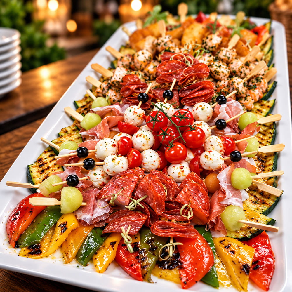Lange Platte mit Antipasti-Spießen: Mozzarella, Kirschtomaten, Oliven, Salami, Schinken und Melone auf gegrilltem Gemüse
