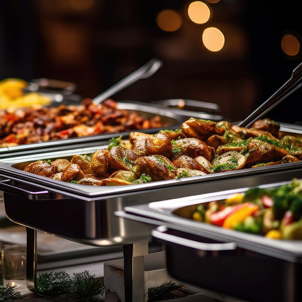 Warmhaltebehälter am Buffet mit geschmortem Fleisch in Kräutern und buntem Gemüse