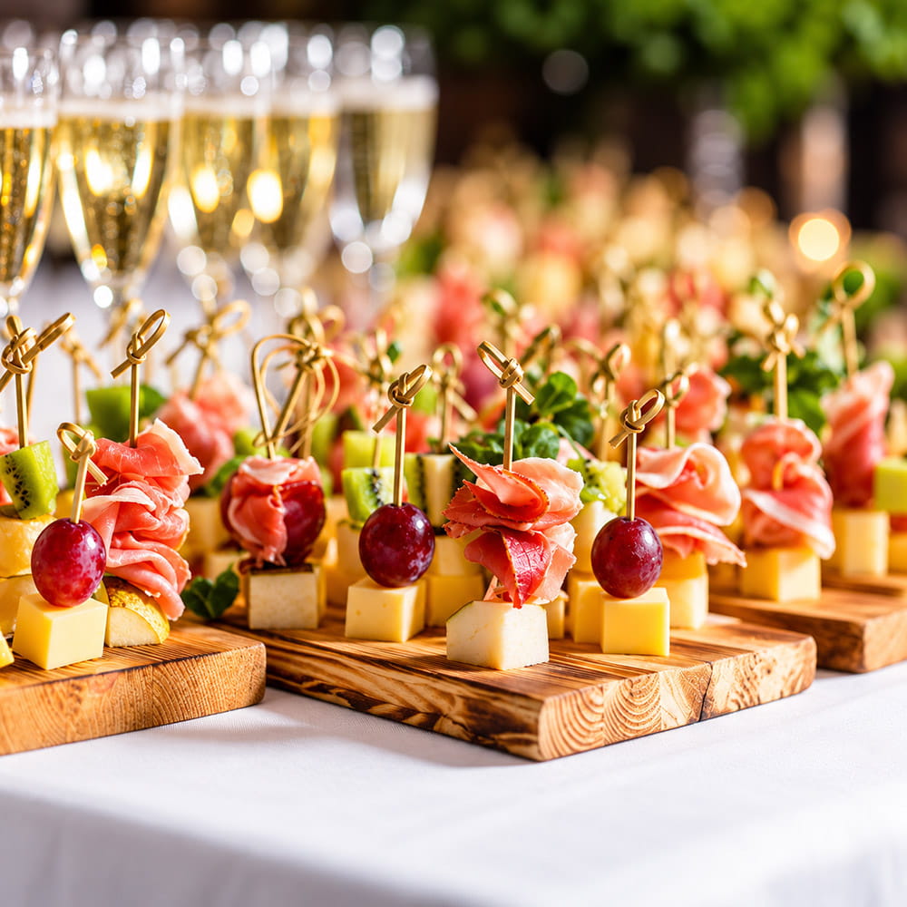 Fingerfood-Spieße mit Käse, Schinken, Trauben und Kiwi auf Holzbrettern, dahinter Sektgläser