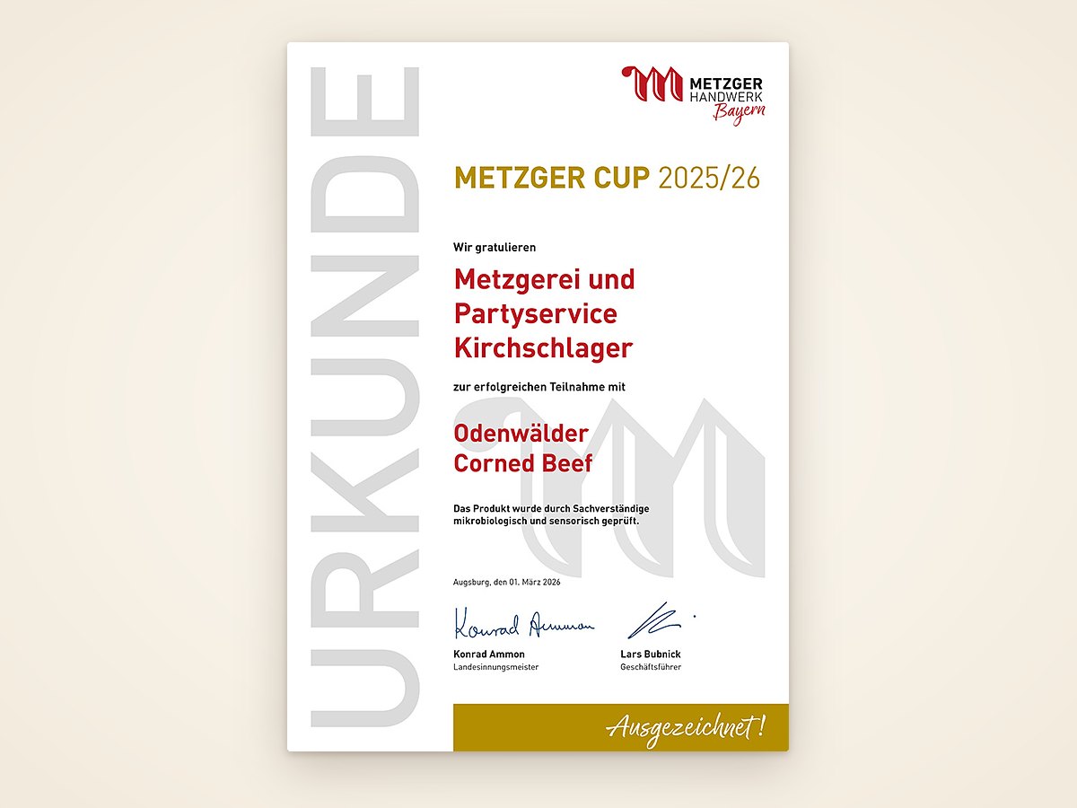 Urkunde Metzger Cup 2025/26 des Metzgerhandwerks Bayern an die Metzgerei Kirchschlager – Odenwälder Corned Beef
