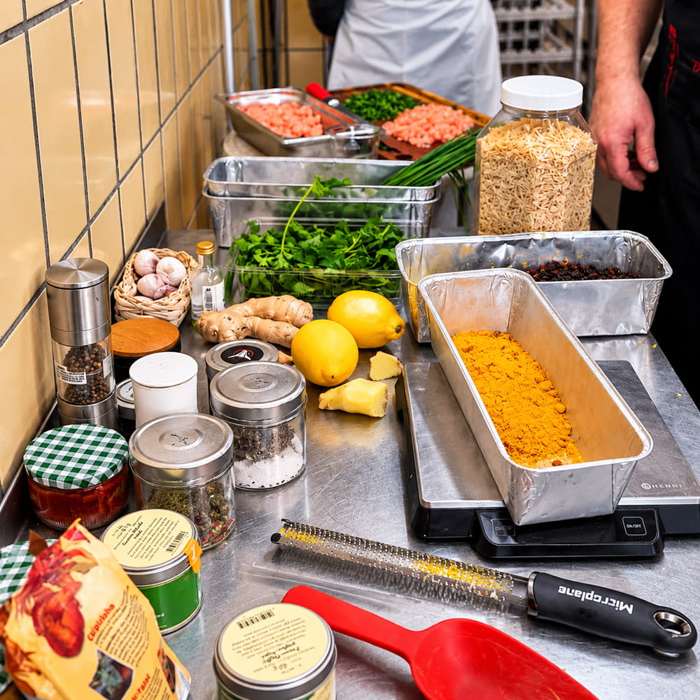 Workshop-Teilnehmer in Schürzen schauen zu, wie ein Metzger in der Wurstküche ein Schwein zerlegt