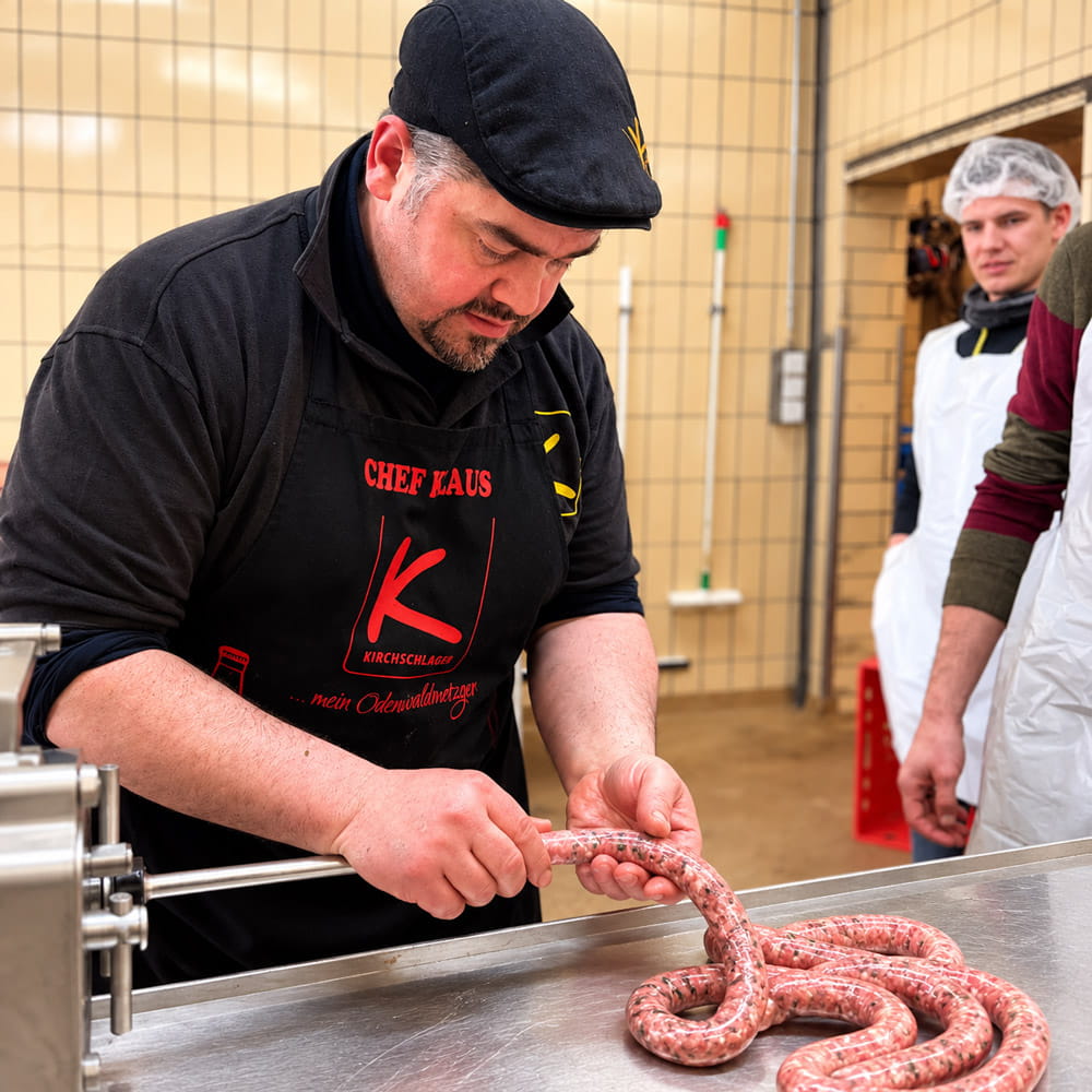 Eine frisch gefüllte Bratwurst kommt aus der Füllmaschine auf den Edelstahltisch