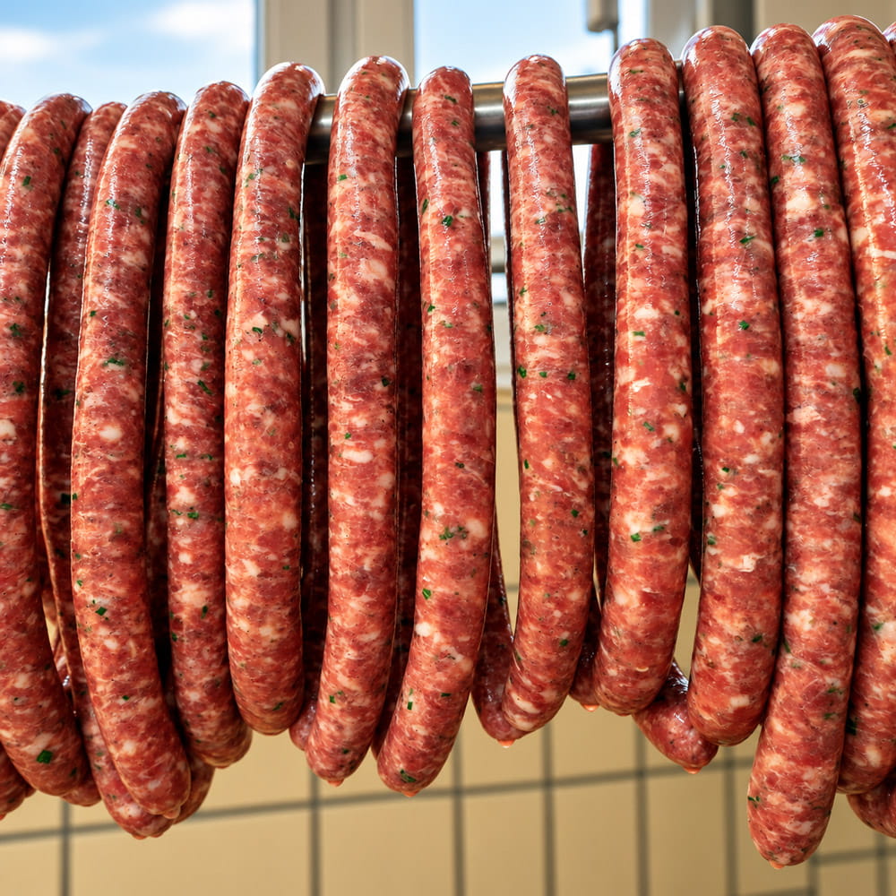 Mit Wurstmasse gefüllte Einmachgläser auf dem Arbeitstisch, ein Metzger greift nach karierten Deckeln